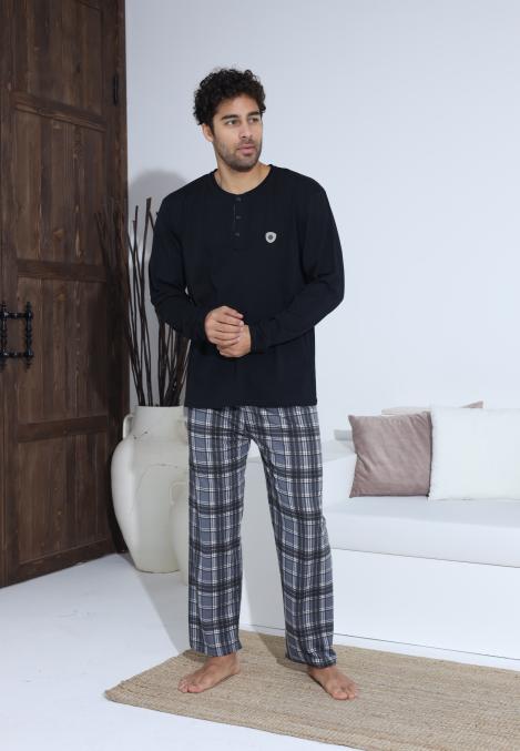 Pijama Barbati ,Maneca si Pantaloni Lungi,Culoare Negru cu Alb,Engros